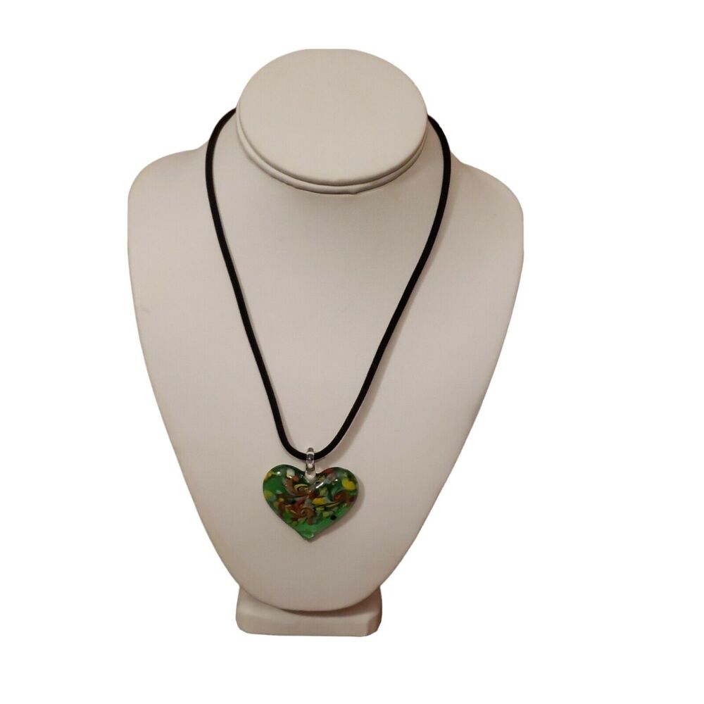 Colorful Glass Heart Pendant Necklace Black Velvet Chord Lobster Claw Clasp